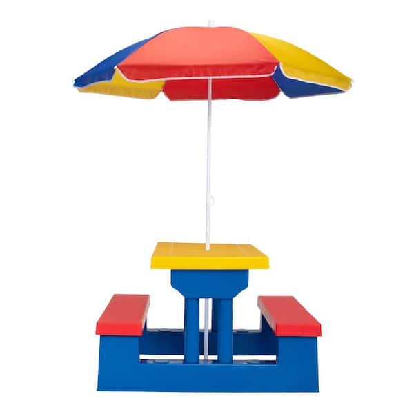 Afoxsos Kid Plastic Picnic Table Set Outdoor Children Patio Furniture Set for Backyard Garden with Umbrella