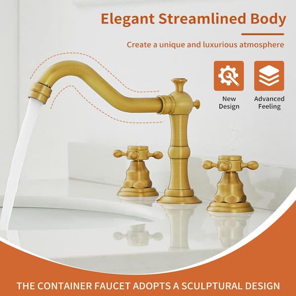 8 in. Widespread Double-Handle Black Bathroom Faucet 3-Holes Vanity Sink Water-Saving with Metal Drain in Antique Brass