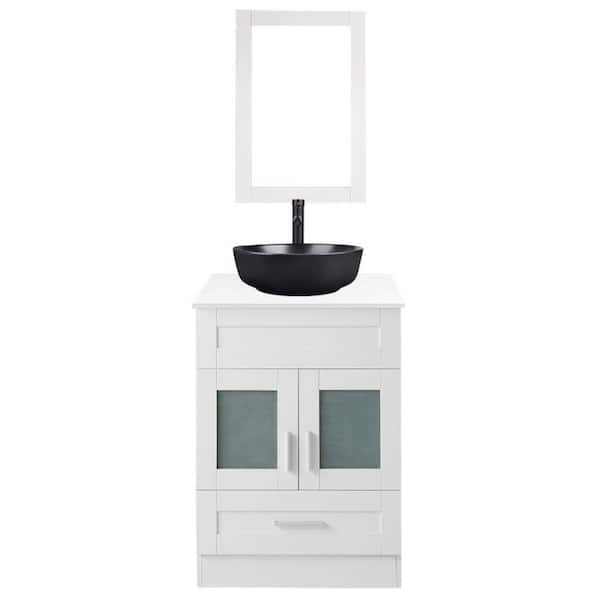 waterpar 24 in. W x 19 in. D x 33 in. H Single Sink One Drawer Bath Vanity in White with White Wood Top and Mirror