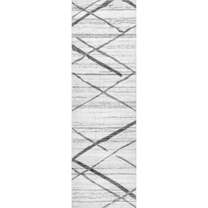 Trellis Stripes Machine Washable Light Gray 2 ft. 6 in. x 8 ft. Indoor Runner Runner Rug