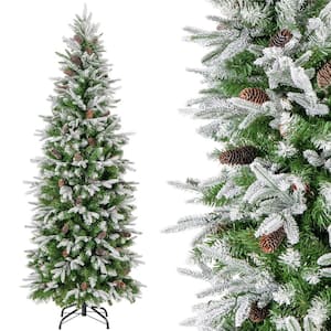 6 ft. Green Prelit LED Flocked Pencil Classic Artificial Christmas Tree with 280 Warm Whites Lights Decorated