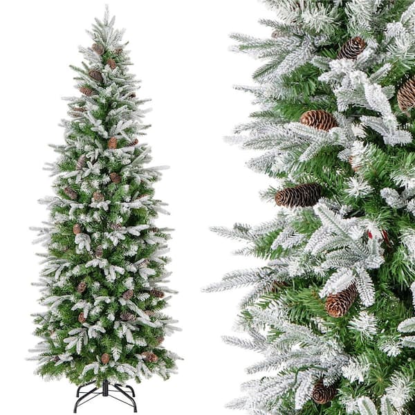 6 ft. Green Prelit LED Flocked Pencil Classic Artificial Christmas Tree with 280 Warm Whites Lights Decorated