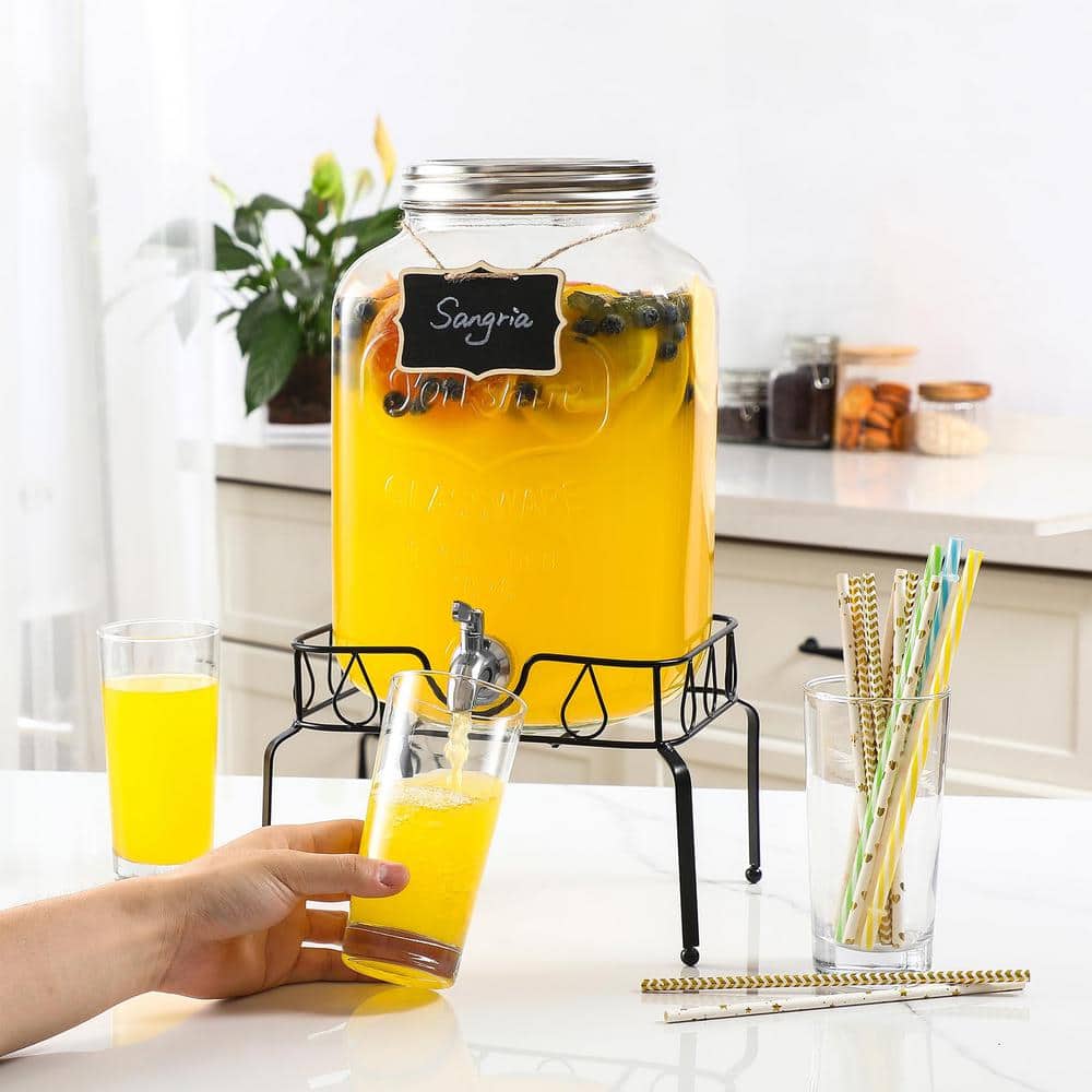 2 Gallon Clear Glass Beverage Dispenser with Stainless Steel Spigot and Stand