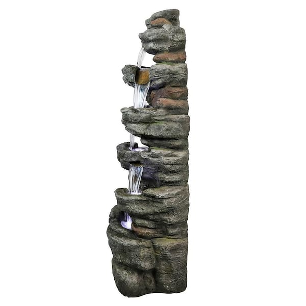 47. 2in. H Resin 6-Tier Cascading Rock Tiered Fountain with LED Lights, Natural Stone Look for Patio, Yard, and Deck