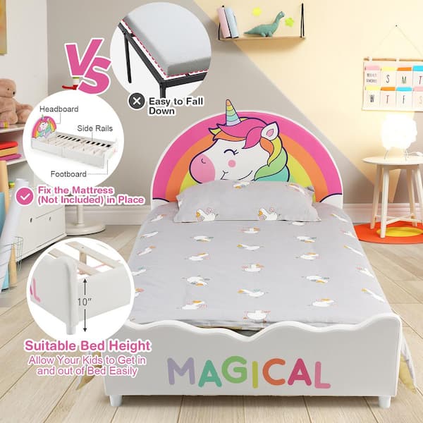 Costway White Kids Upholstered Platform Bed Children Twin Size Wooden Bed  Unicorn Pattern HY10021 - The Home Depot
