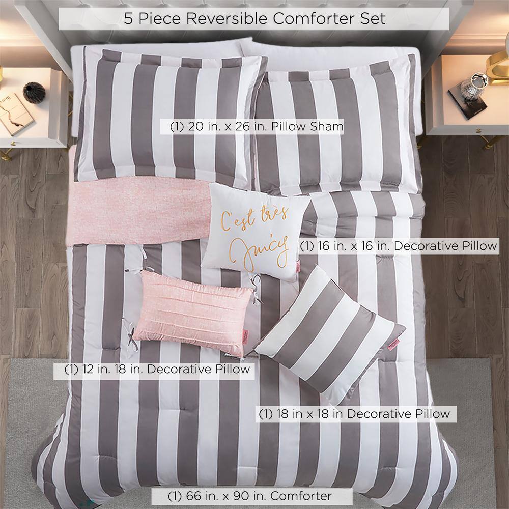 Twin Grey and White Striped Microfiber Comforter Set