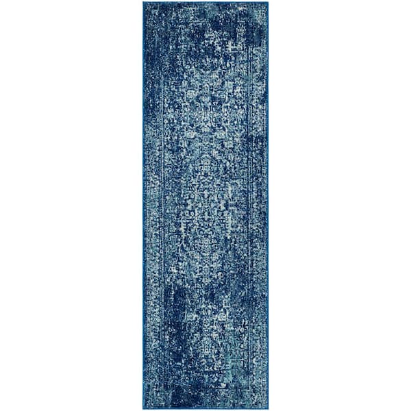 Evoke Navy/Ivory 2 ft. x 15 ft. Distressed Border Medallion Runner Rug