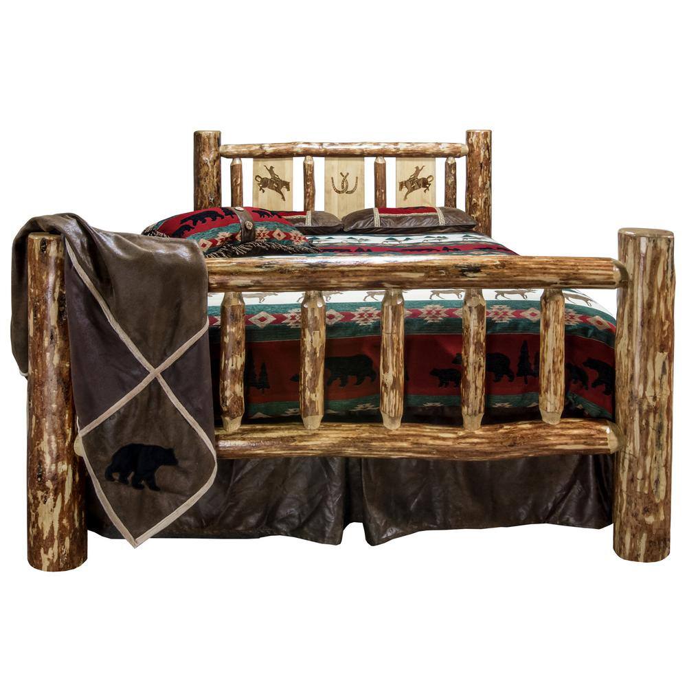 Twin Brown Pine Wood Frame Panel Bed with Engraved Headboard