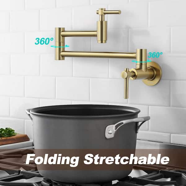 Contemporary Brass Wall Mount Pot Filler with Double Handles and Swing Arm Folding Kitchen Faucet in Gold