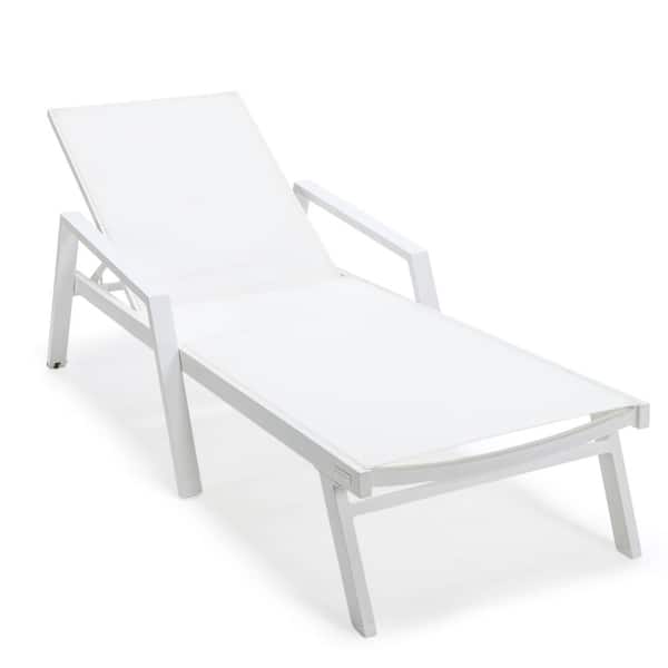 Leisuremod Marlin Modern White Aluminum Outdoor Chaise Lounge Chair With Arms and Fire Pit Table (White)