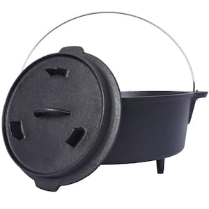 12 qt. Round Cast Iron Dutch Oven in Black with Lid, Outdoor Pre-Seasoned Camp Pot for Fireplace Cooking BBQ Baking