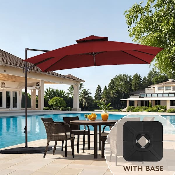 JEAREY 10 ft x 10 ft Square Outdoor Patio Cantilever Umbrella with Weighted Base in Red