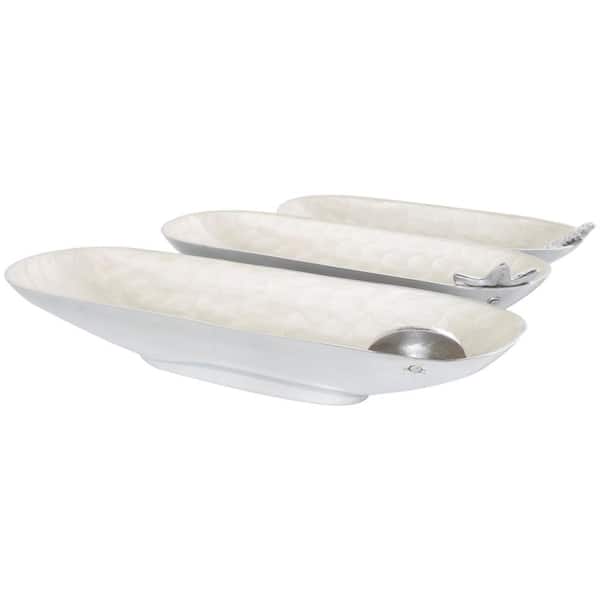 Litton Lane White Handmade in Aluminum Metal Sea Life Enameled Oval Decorative Bowl (Set of 3)