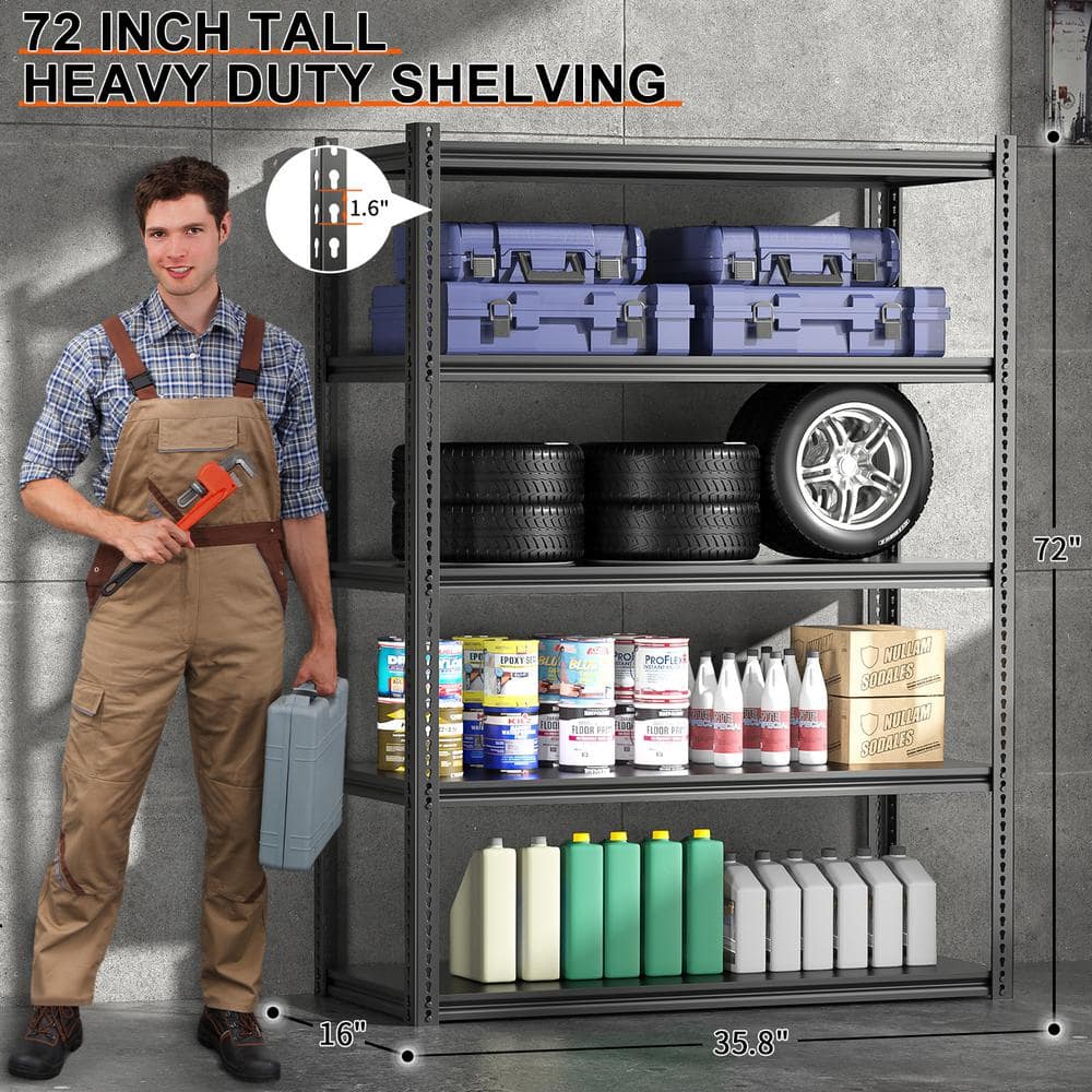 Heavy Duty Black Steel 5-Tier Adjustable Shelving Unit, 72" H x 36" W x 18" D