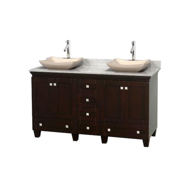 Wyndham Collection Acclaim 60 in. W Double Vanity in Espresso with Marble Vanity Top in Carrara White and Ivory Sinks