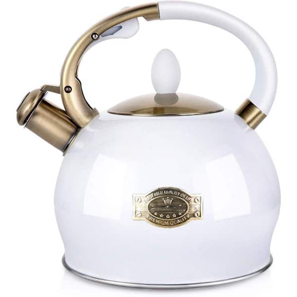 10-Cup White Whistling Tea Kettle Stainless Steel Induction Gas Electric Halogen Radiant Stovetop Teapot with Mitt