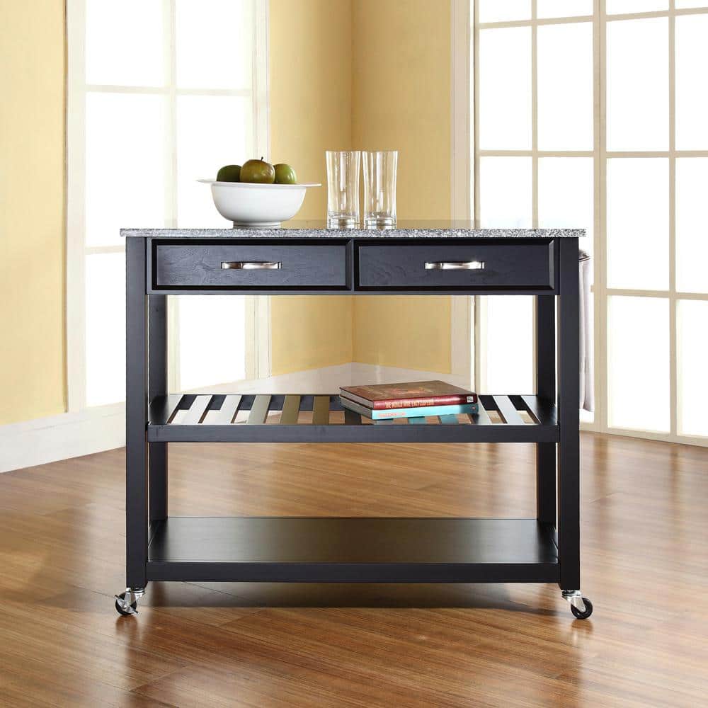 Black Granite Top Kitchen Cart with Wine Rack and Storage