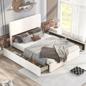 Beige Wood Frame Queen Size Upholstery Platform Bed with 4-Drawers and Adjustable Headboard