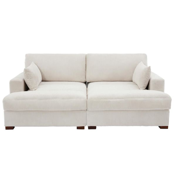 Uixe 83.90 in. Modern Square Arm Corduroy Fabric Upholstered Sectional Sofa in Beige with 2-Pillows and Wood Leg