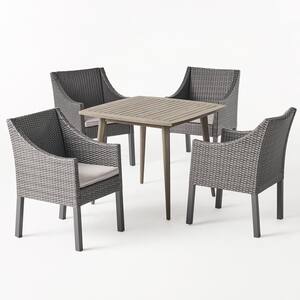 Damas Gray 5-Piece Wood and Faux Rattan Outdoor Dining Set with Silver Cushions