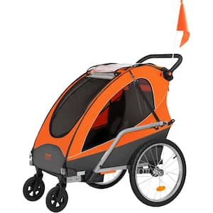 Bike Trailer for Toddlers Kid 2-In-1 Canopy Carrier Converts to Stroller with Double Seat 110 lbs. Load, Orange and Gray