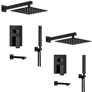 10 in. Square Rainfall Double Handles 3-Spray Tub and Shower Faucet 2.5 GPM in. Matte Black Valve Included (2 Pack)