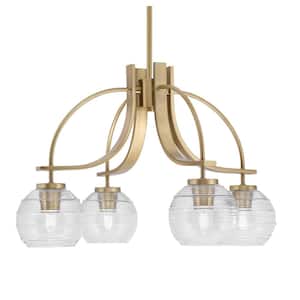Olympia 14.75 in. 4-Light New Age Brass Downlight Chandelier Clear Ribbed Glass Shade