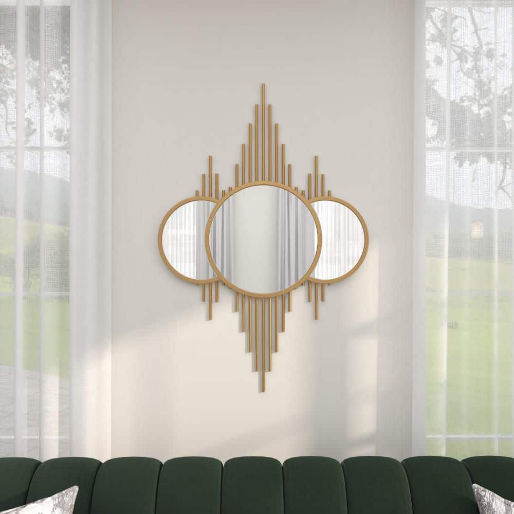 Elegant Sunburst Gold Wall Mirror with Triple Circle Fusion Design, 27" x 39"