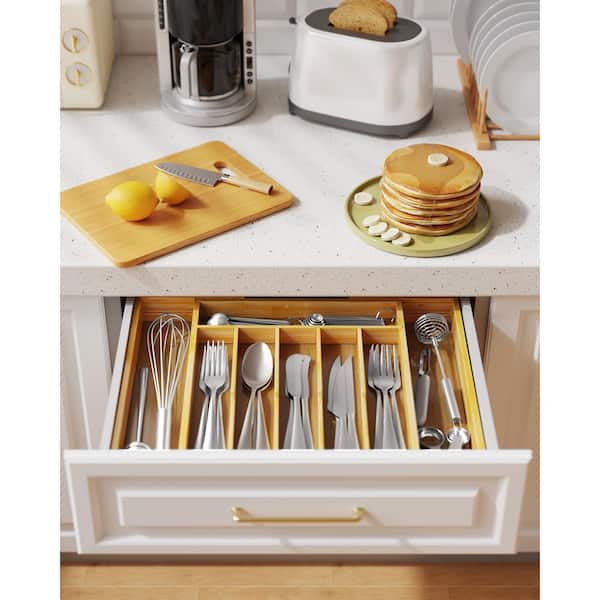 Expandable Bamboo Kitchen Drawer Organizer for Cooking Utensils and Cutlery, Silverware Organizer, Natural
