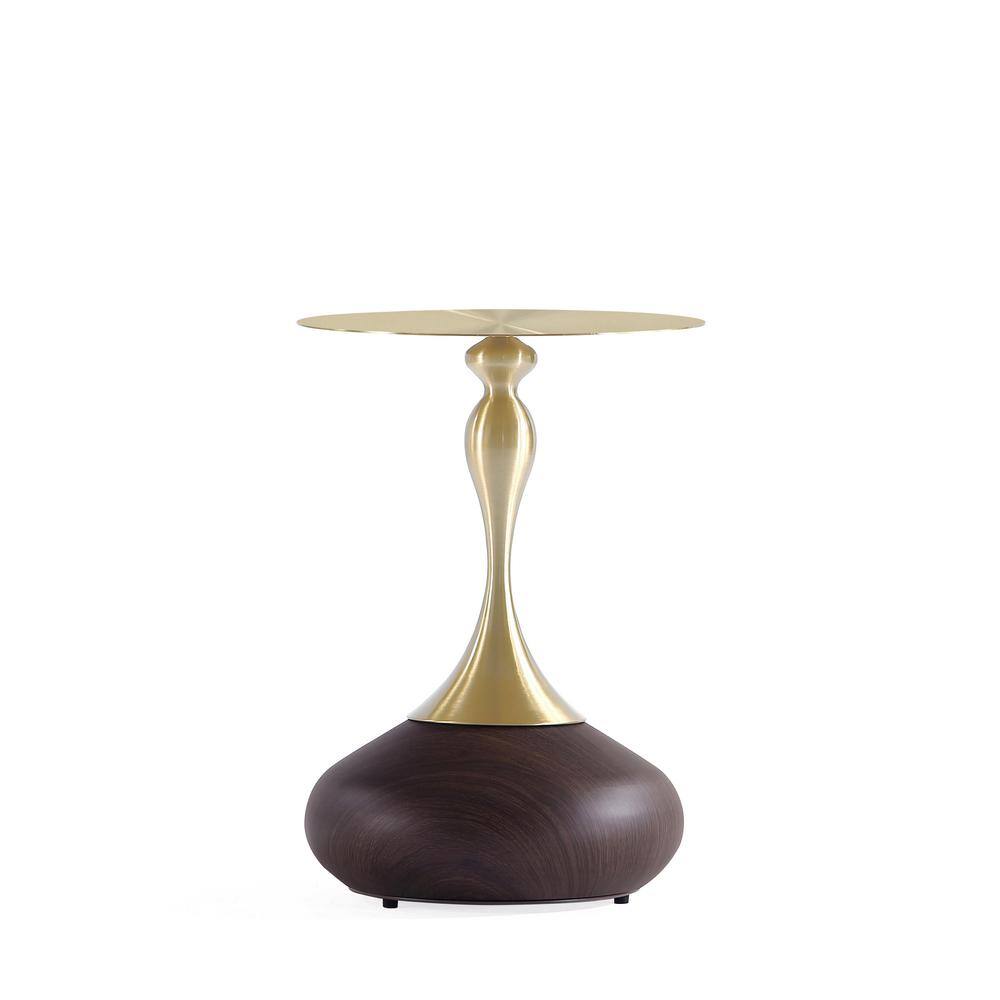 Set of 2 Gold and Brown Wood Round Accent Tables