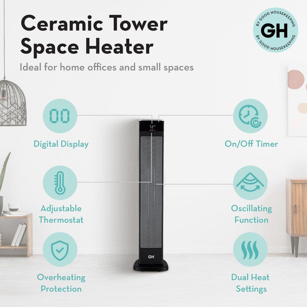 30-Inch Black Ceramic Electric Tower Heater with Thermostat