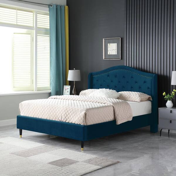 Morden Fort 74 5 In W Blue California King Bed Frame Wood Platform With Headboard No Box Spring Required Easy Assembly 1004 Ck Headboard No Box Spring, California King Bed Frame For Box Spring And Mattress