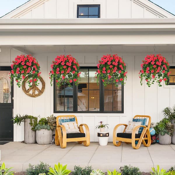19.7 in Red Artificial Flowers Hanging Basket, Fake Glory Flowers