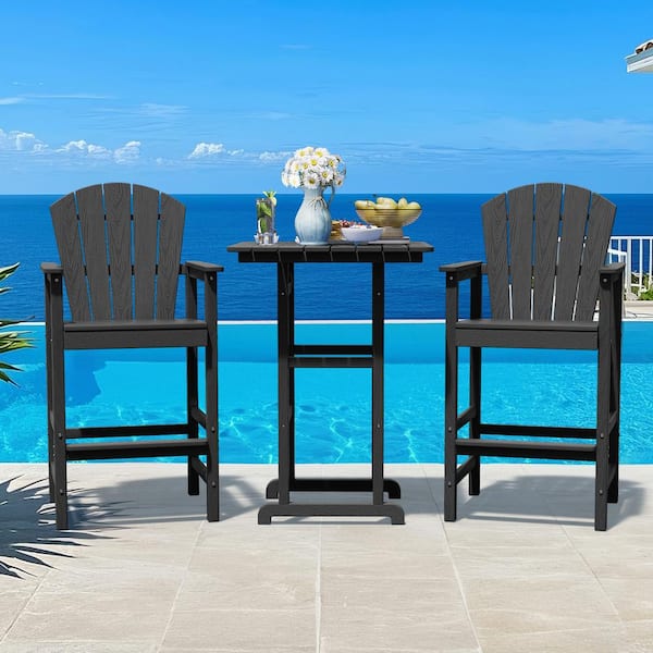 3-Piece Black Adirondack Patio Bar Plastic Outdoor Dining Set-Bar Height Stool and Chairs