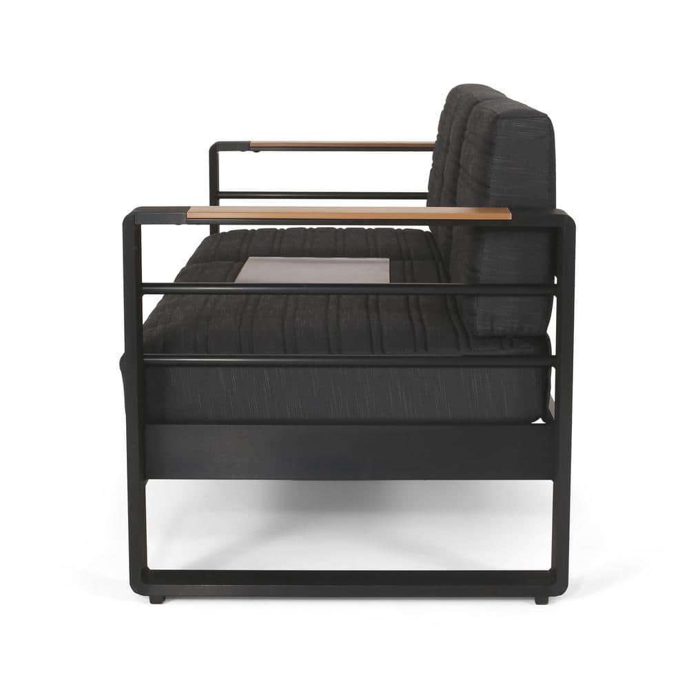 Modern Black and Natural Wood Three-Seater Outdoor Sofa