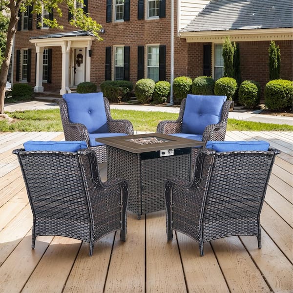 Brown 5-Piece Wicker Patio Fire Pit Set, Outdoor 4-Person Seating Set with Olefin Navy Blue Cushions and Armchairs