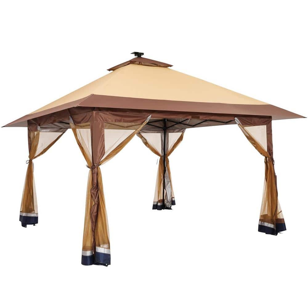 Khaki 13 ft. x 13 ft. Outdoor Patio Pop Up Gazebo Canopy Tent with Solar LE