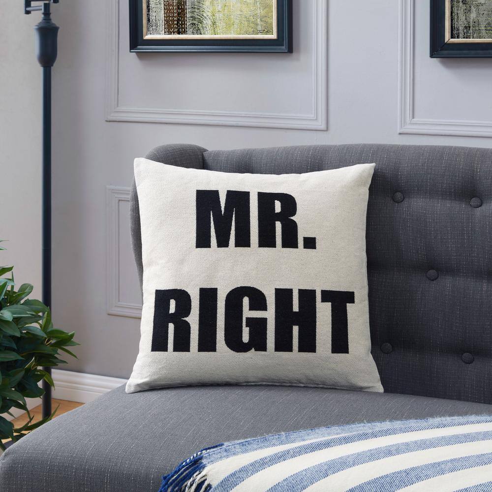 Mr. Right White Cotton Jacquard Square Decorative Pillow