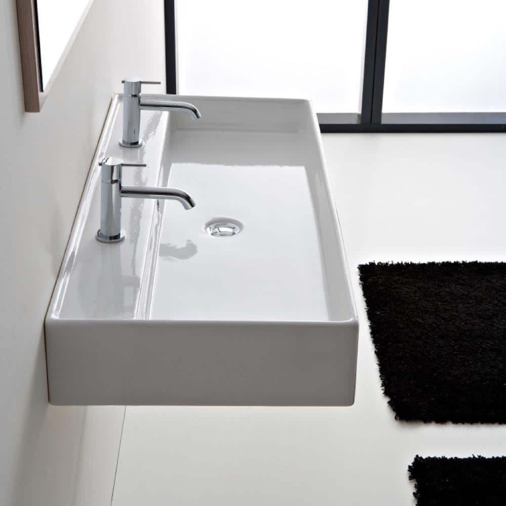 Teorema White Ceramic Double Faucet Wall-Mount Vessel Sink