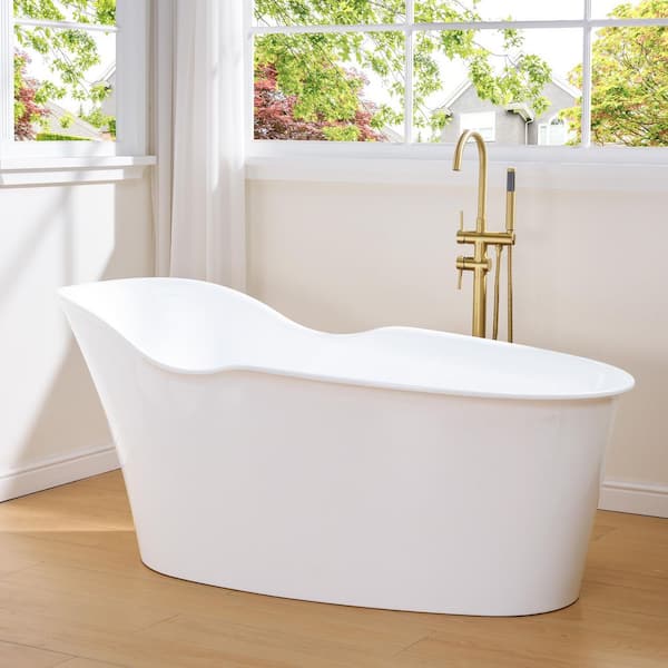 Wave 66 in. x 33 in. Acrylic FlatBottom Freestanding Soaking Bathtub with Drain and Overflow in White