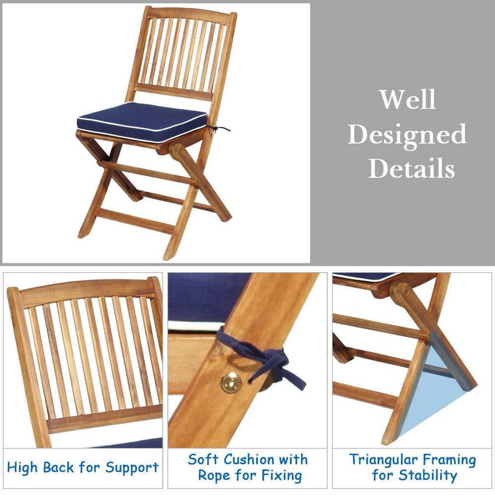 3-Piece Folding Acacia Wood Patio Bistro Set with Navy Cushions