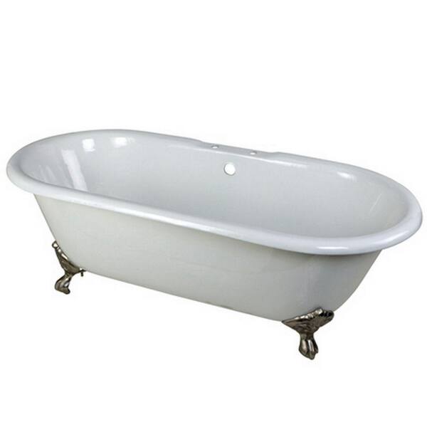 Aqua Eden Classic 66 in. Cast Iron Brushed Nickel Claw Foot Double Ended Tub with 7 in. Deck Holes in White