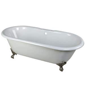 Classic 66 in. Cast Iron Brushed Nickel Double Ended Clawfoot Bathtub with 7 in. Deck Holes in White
