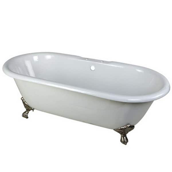 Aqua Eden Classic 66 in. Cast Iron Brushed Nickel Double Ended Clawfoot Bathtub with 7 in. Deck Holes in White