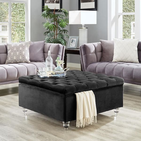 Inspired Home Saige Black Velvet Tufted, Fabric Ottoman Coffee Table Tufted