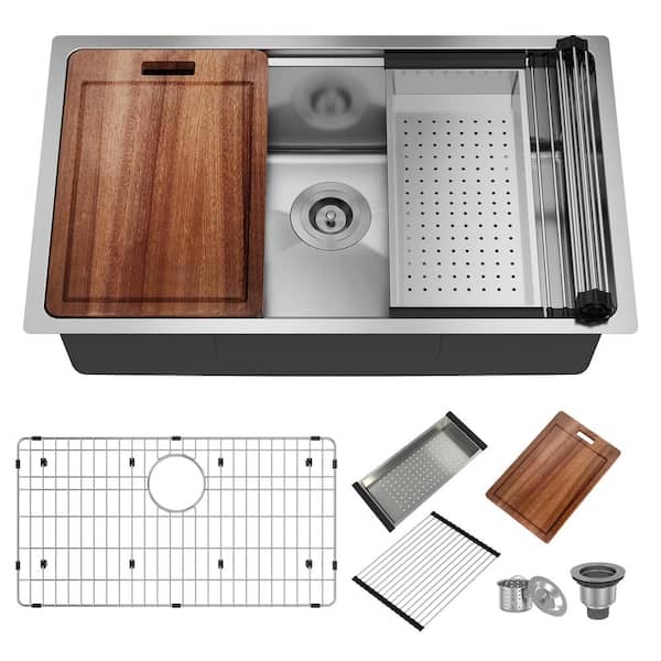31 in. Undermount Single Bowl 18-Gauge Stainless Steel Kitchen Sink with Cutting Board, Bottom Grids, Strainer Basket