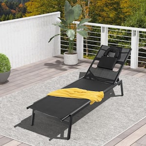 Metal Outdoor Patio Sunbathing Lounge Chair with Face Hole and Detachable Head Pillows Poolside