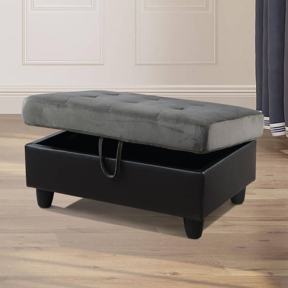 34 in. W Taupe and Brown Flannel Polyester Blend Rectangle Ottoman with Sto