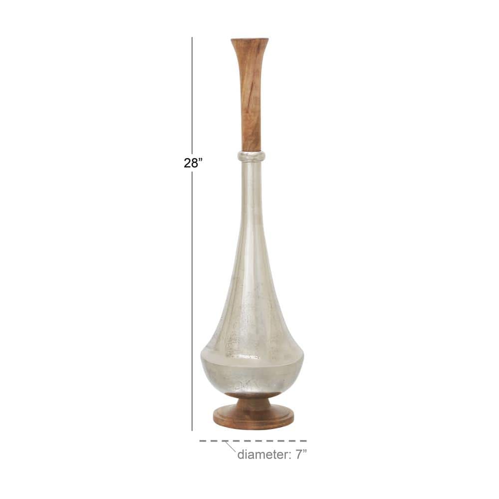 Tall Silver and Wood Floor Vase with Slender Neck