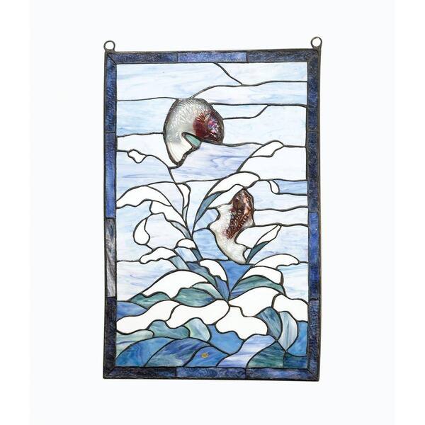 Antique Reproductions 24 in. x 16 in. Rectangle Fish Blue Art Glass Window